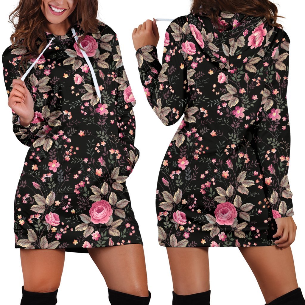 Pink Floral Flower Pattern Print Hoodie Dress GearFrost