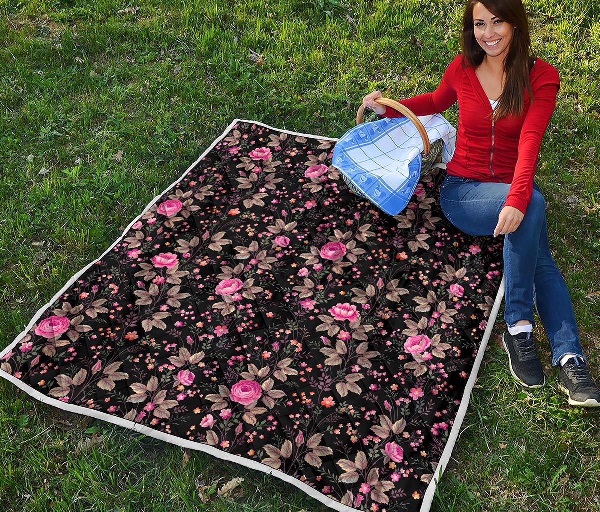Pink Floral Flower Pattern Print Quilt