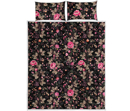 Pink Floral Flower Pattern Print Quilt Bed Set