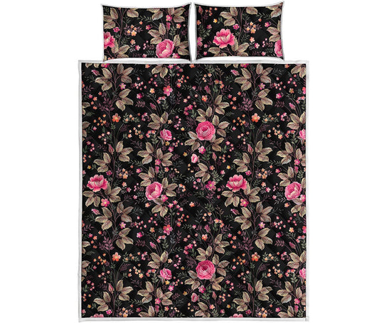 Pink Floral Flower Pattern Print Quilt Bed Set