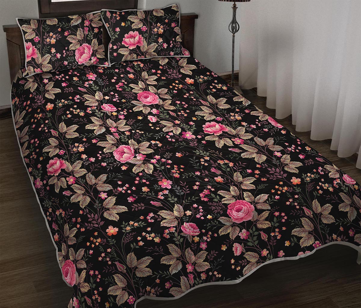 Pink Floral Flower Pattern Print Quilt Bed Set