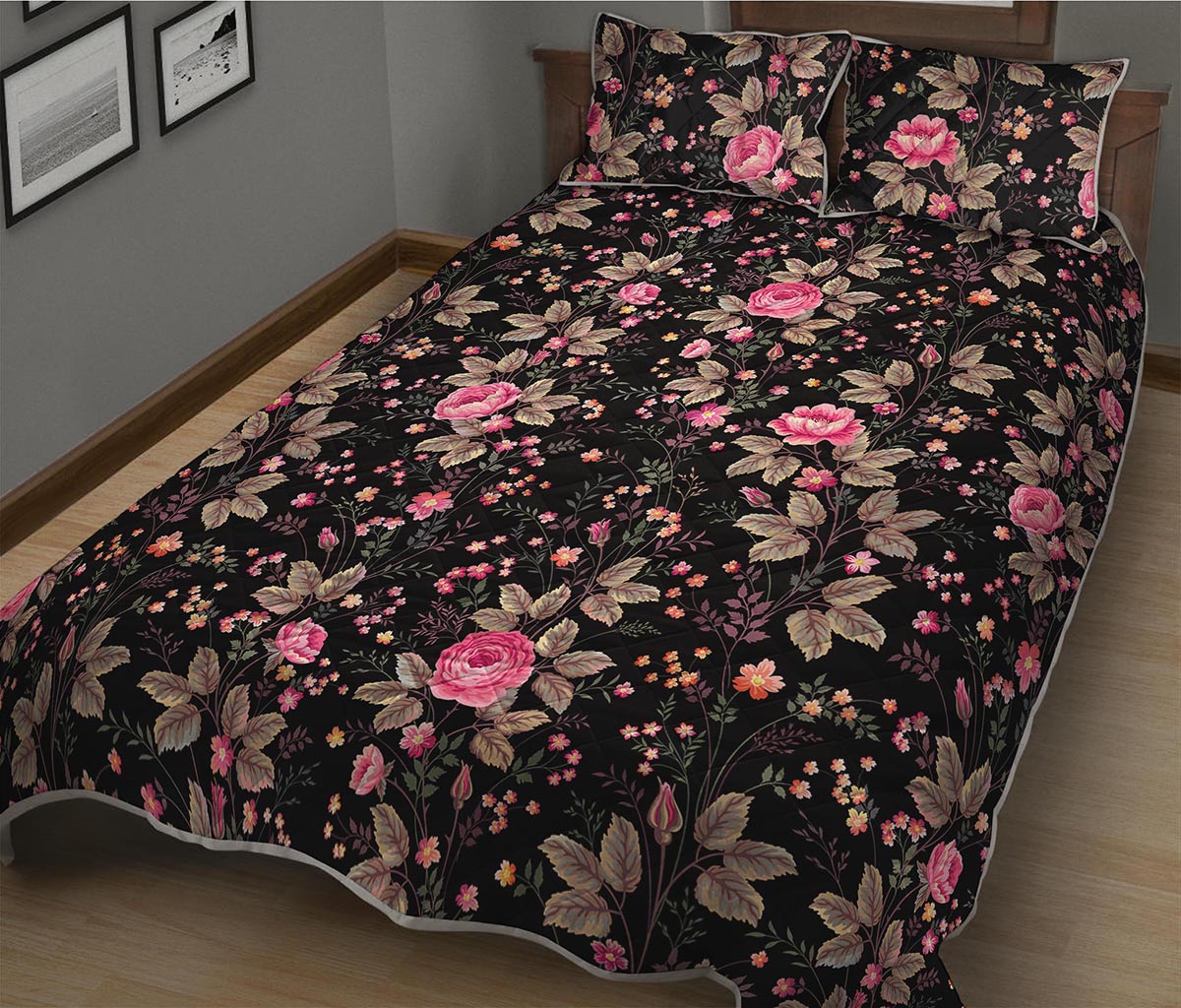 Pink Floral Flower Pattern Print Quilt Bed Set