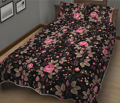 Pink Floral Flower Pattern Print Quilt Bed Set