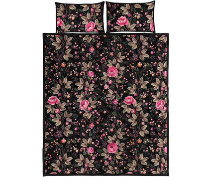 Pink Floral Flower Pattern Print Quilt Bed Set
