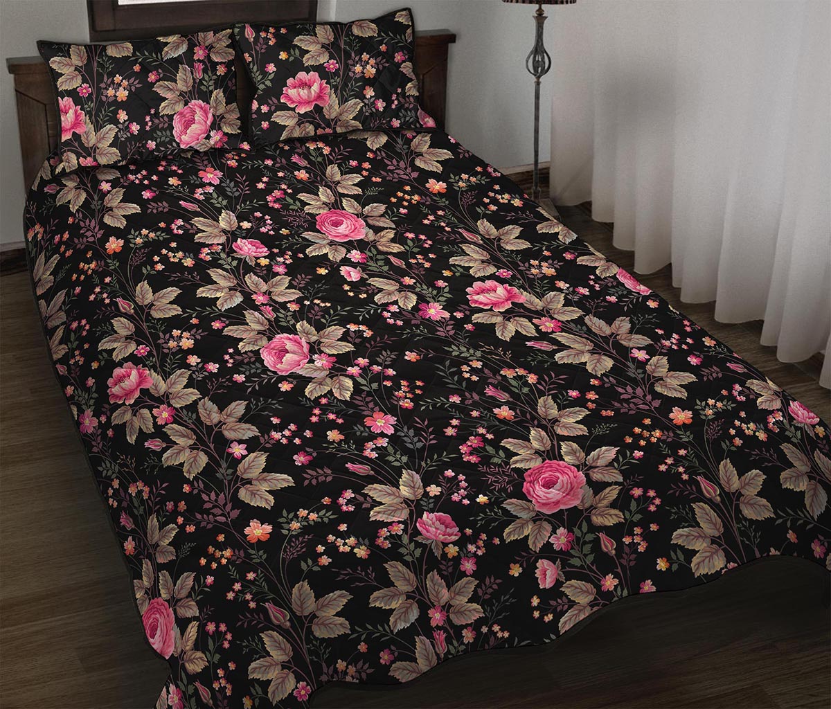 Pink Floral Flower Pattern Print Quilt Bed Set