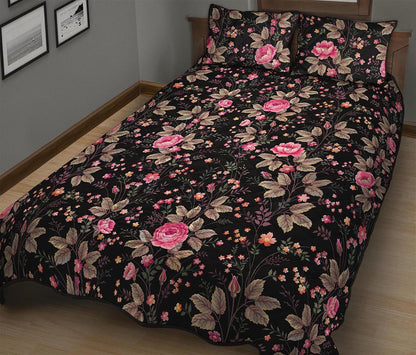 Pink Floral Flower Pattern Print Quilt Bed Set