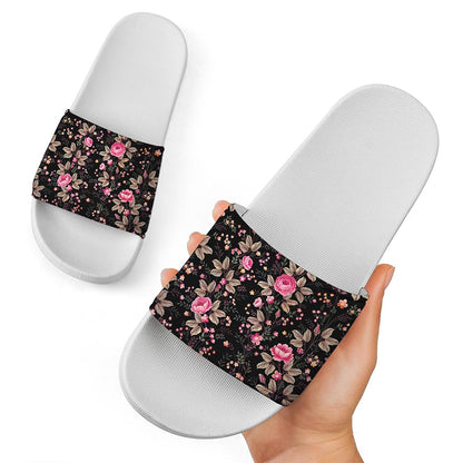 Pink Floral Flower Pattern Print White Slide Sandals