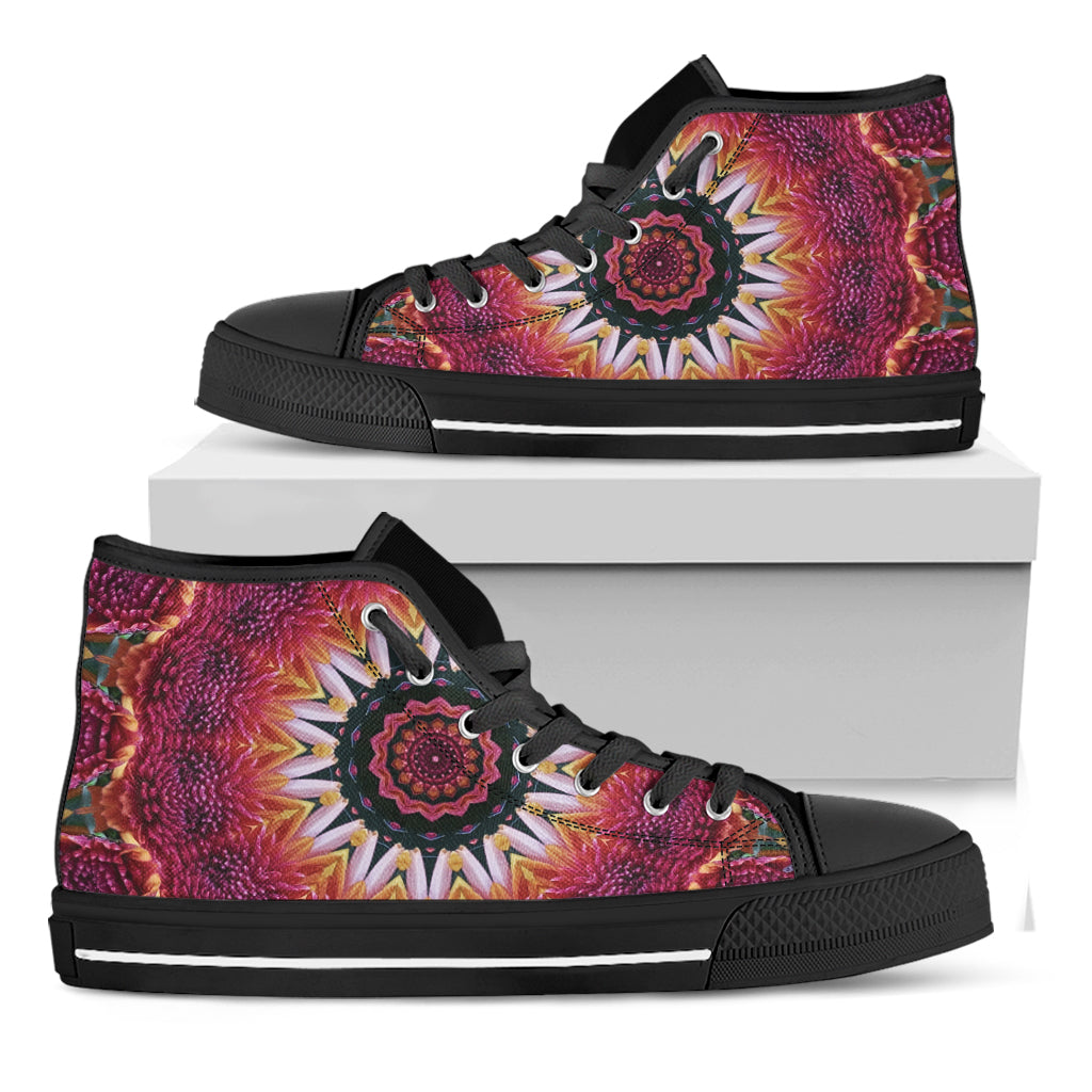 Pink Flower Kaleidoscope Print Black High Top Shoes