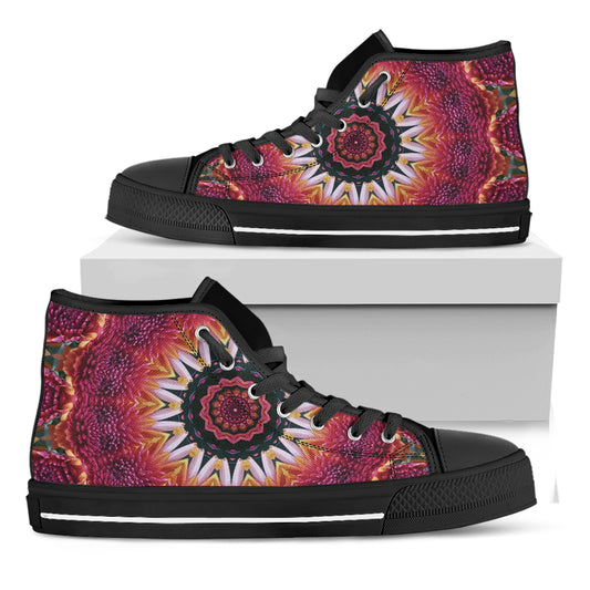 Pink Flower Kaleidoscope Print Black High Top Shoes