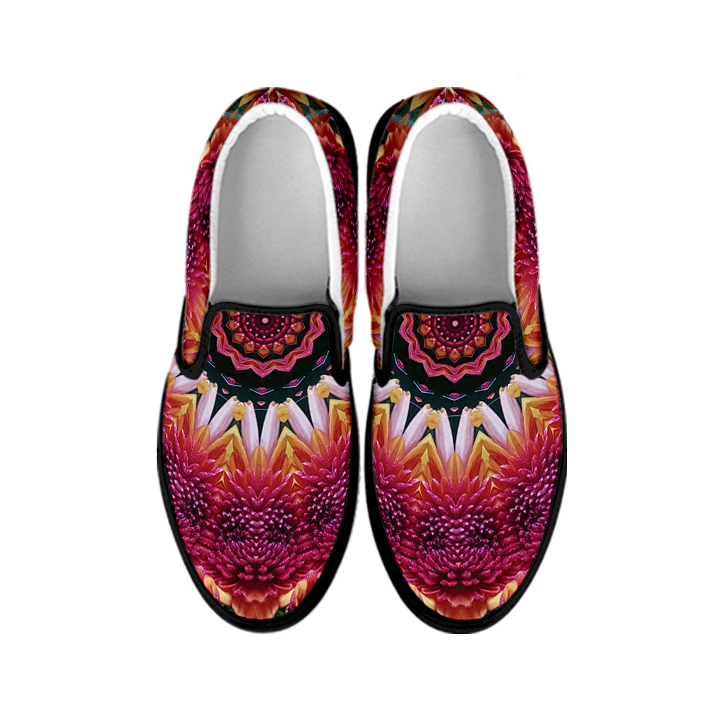 Pink Flower Kaleidoscope Print Black Slip On Shoes