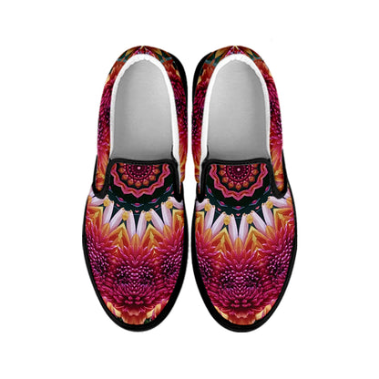 Pink Flower Kaleidoscope Print Black Slip On Shoes