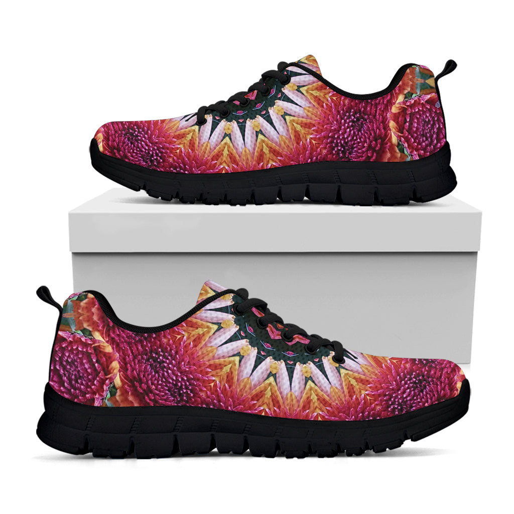 Pink Flower Kaleidoscope Print Black Sneakers