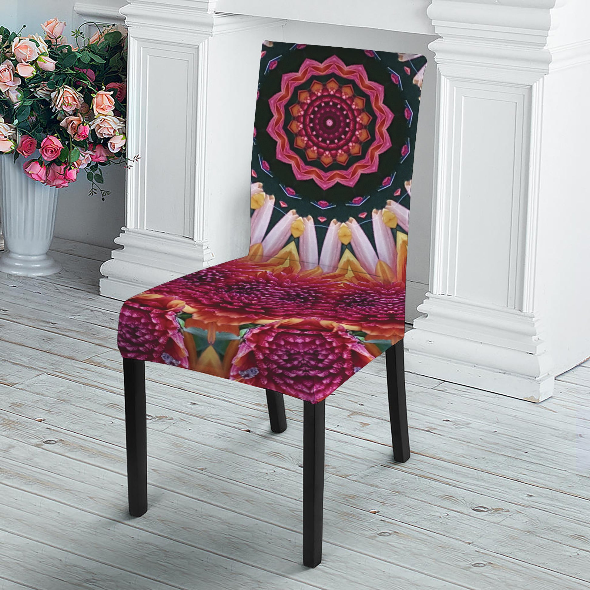 Pink Flower Kaleidoscope Print Dining Chair Slipcover