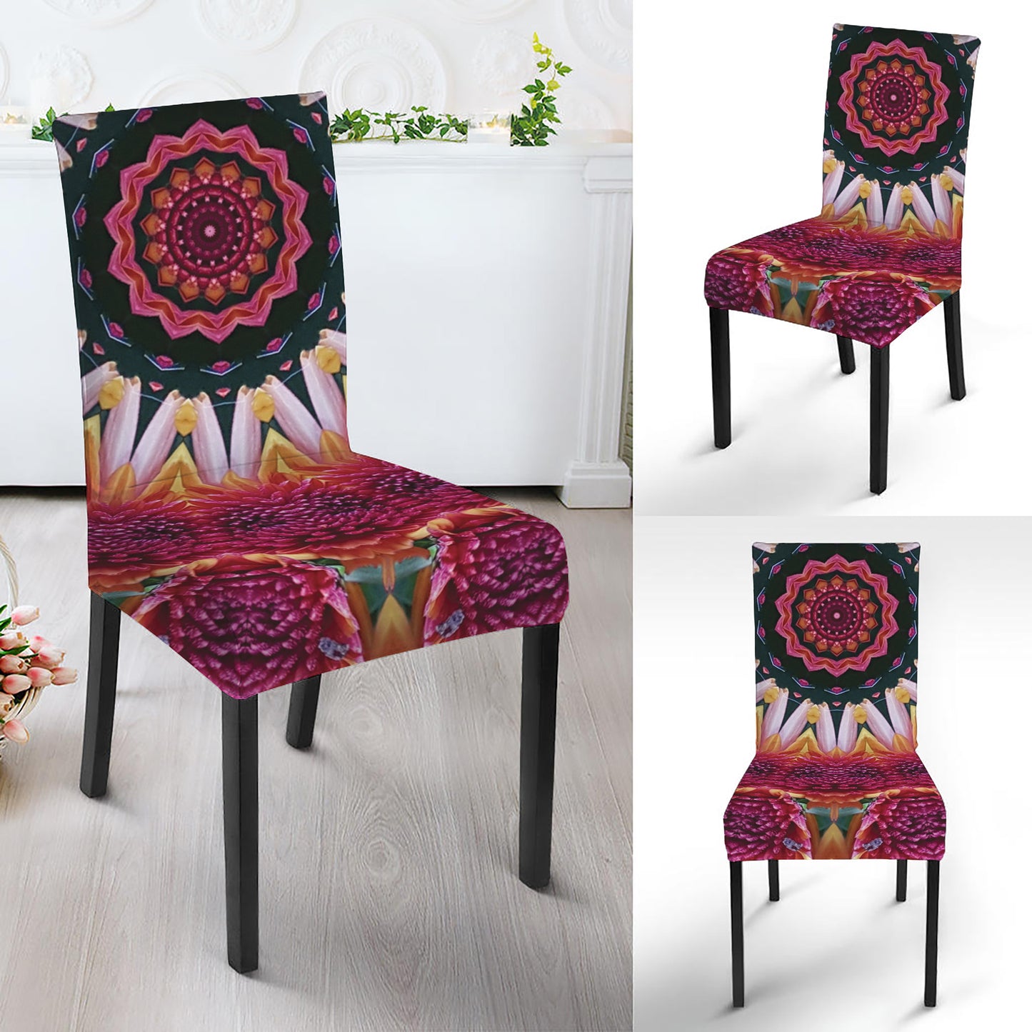 Pink Flower Kaleidoscope Print Dining Chair Slipcover