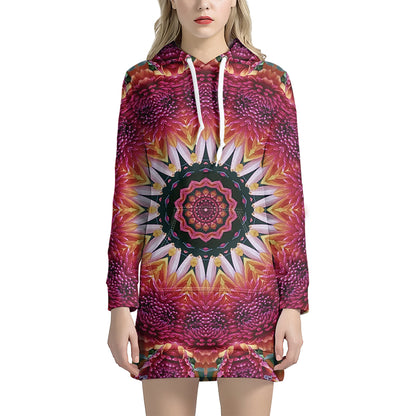Pink Flower Kaleidoscope Print Hoodie Dress