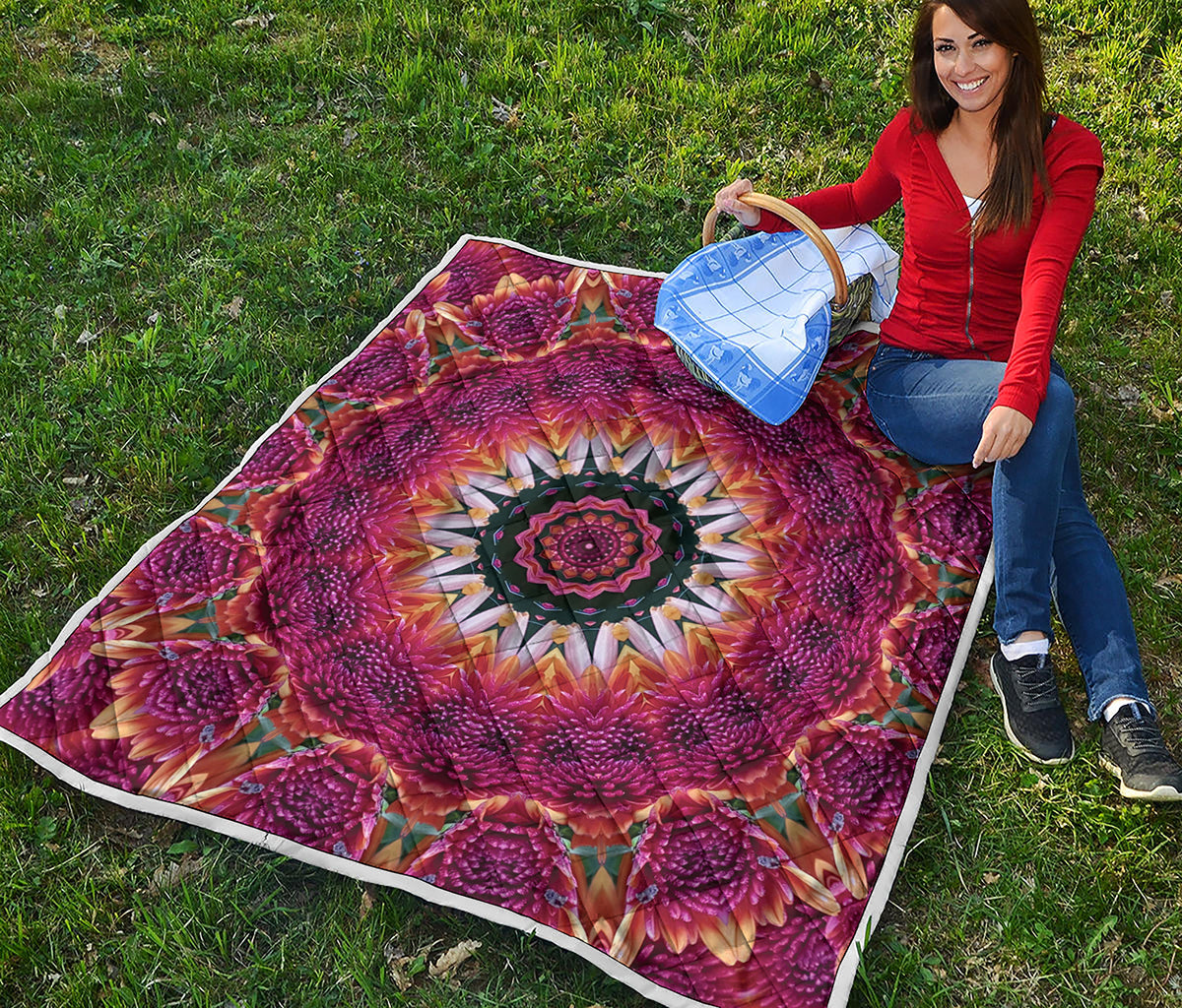 Pink Flower Kaleidoscope Print Quilt