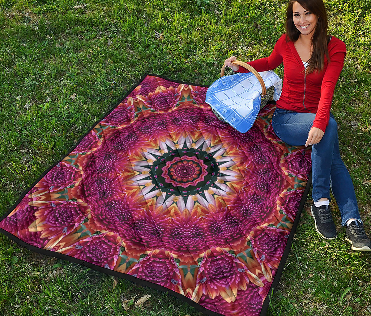Pink Flower Kaleidoscope Print Quilt