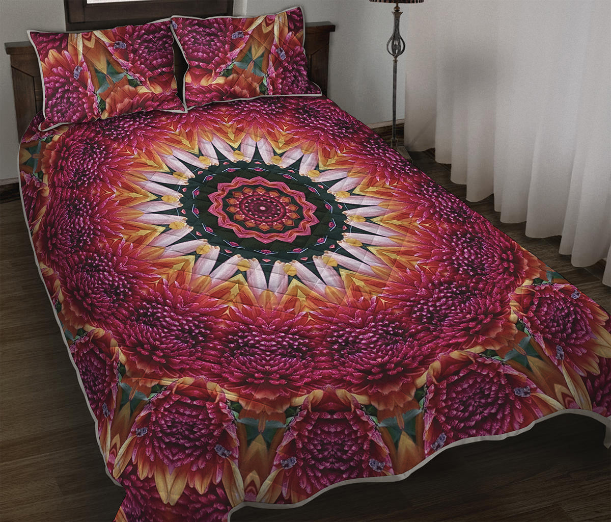 Pink Flower Kaleidoscope Print Quilt Bed Set