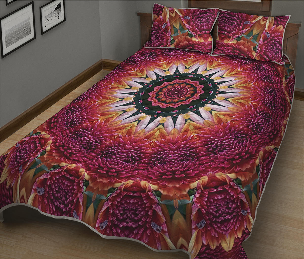 Pink Flower Kaleidoscope Print Quilt Bed Set