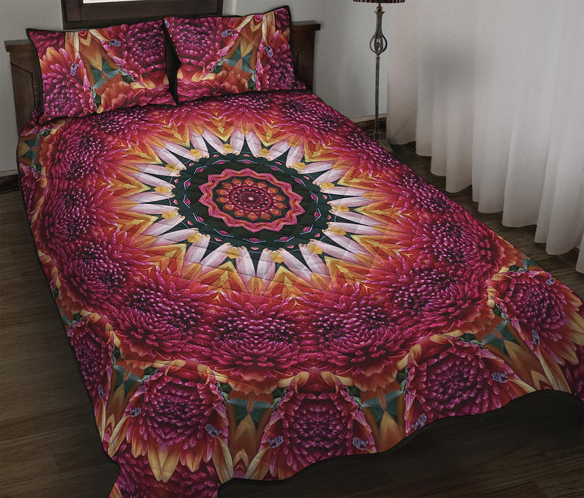 Pink Flower Kaleidoscope Print Quilt Bed Set