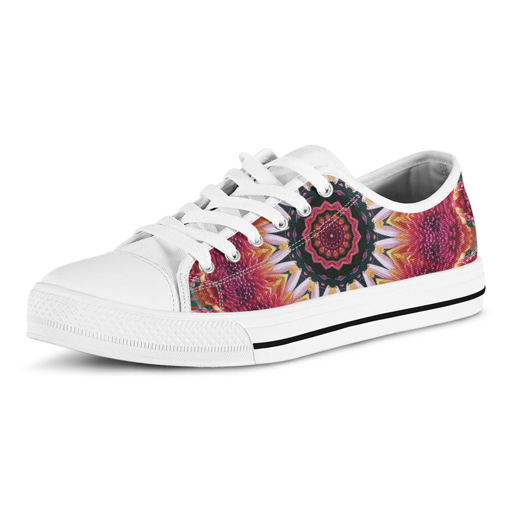 Pink Flower Kaleidoscope Print White Low Top Shoes