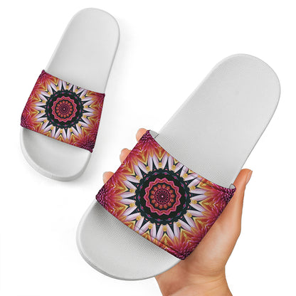 Pink Flower Kaleidoscope Print White Slide Sandals