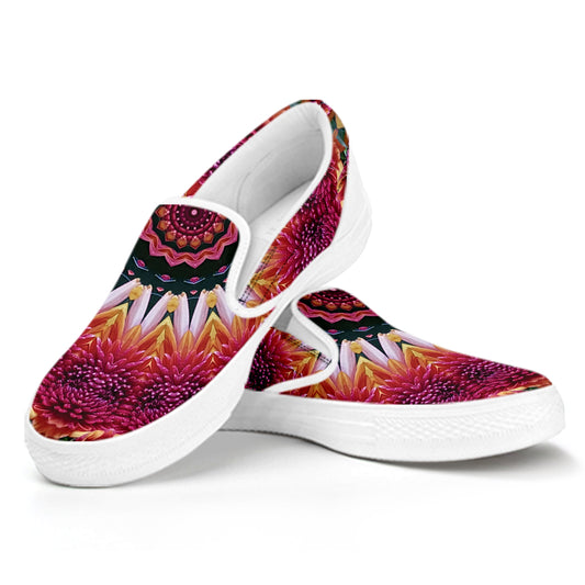 Pink Flower Kaleidoscope Print White Slip On Shoes