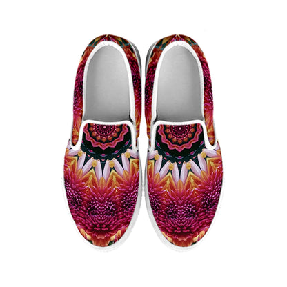 Pink Flower Kaleidoscope Print White Slip On Shoes