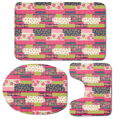 Pink Flower Patchwork Pattern Print 3 Piece Bath Mat Set