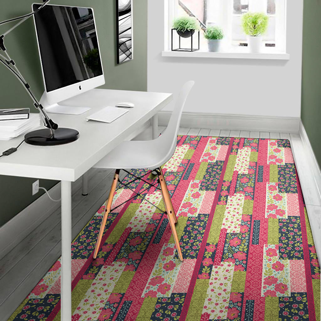 Pink Flower Patchwork Pattern Print Area Rug