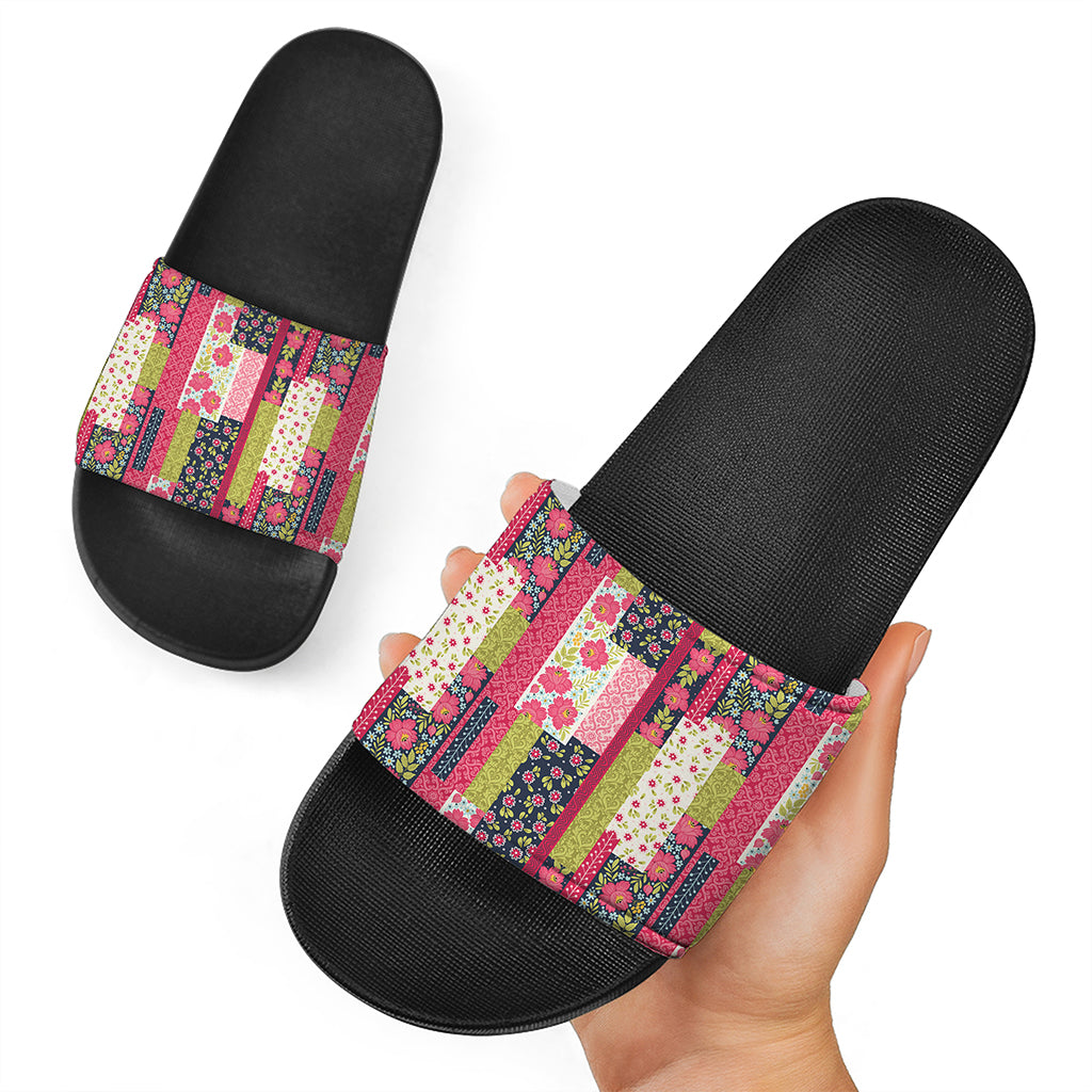 Pink Flower Patchwork Pattern Print Black Slide Sandals