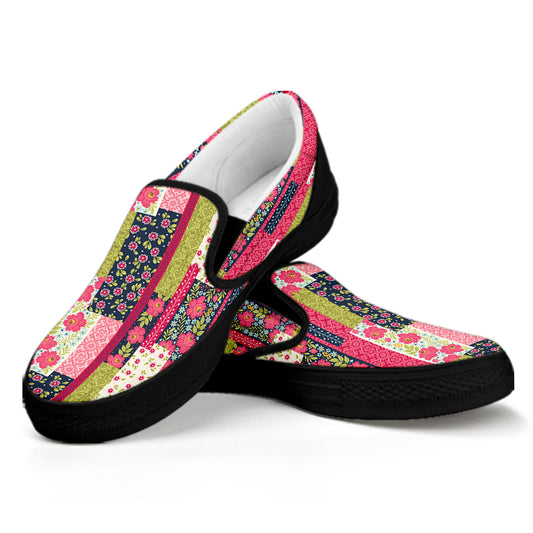 Pink Flower Patchwork Pattern Print Black Slip On Shoes