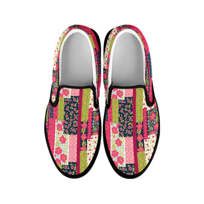 Pink Flower Patchwork Pattern Print Black Slip On Shoes