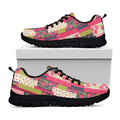Pink Flower Patchwork Pattern Print Black Running Shoes