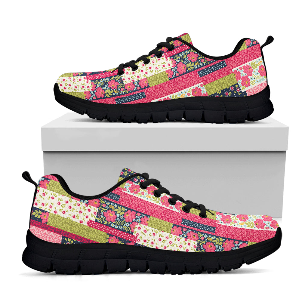 Pink Flower Patchwork Pattern Print Black Sneakers
