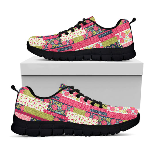 Pink Flower Patchwork Pattern Print Black Sneakers