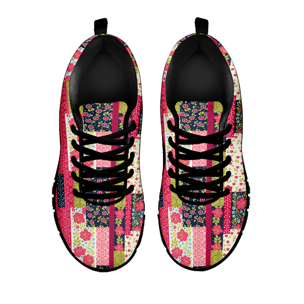 Pink Flower Patchwork Pattern Print Black Sneakers