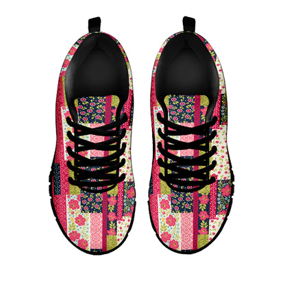 Pink Flower Patchwork Pattern Print Black Sneakers