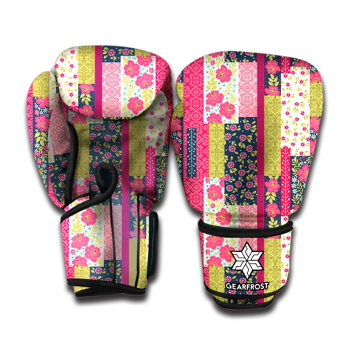 Pink Flower Patchwork Pattern Print Boxing Gloves