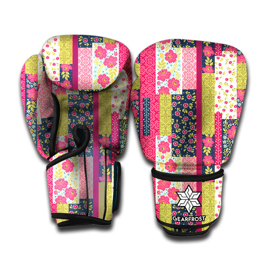 Pink Flower Patchwork Pattern Print Boxing Gloves