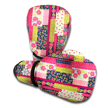 Pink Flower Patchwork Pattern Print Boxing Gloves