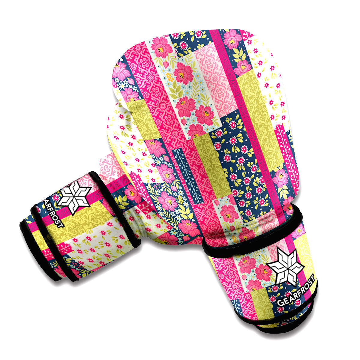 Pink Flower Patchwork Pattern Print Boxing Gloves