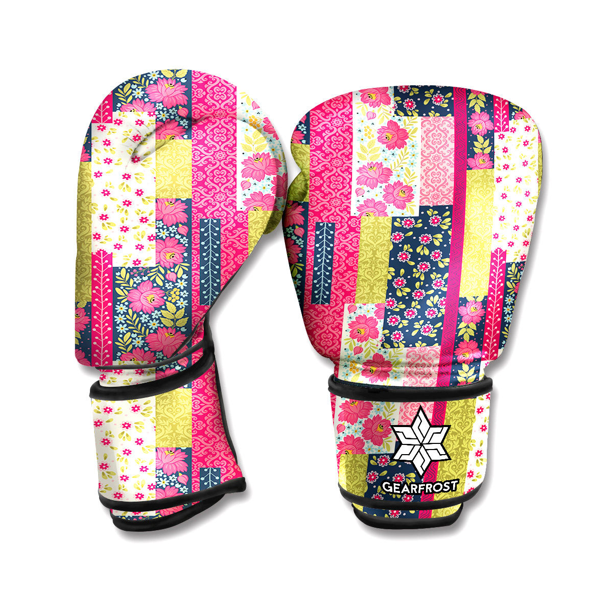 Pink Flower Patchwork Pattern Print Boxing Gloves
