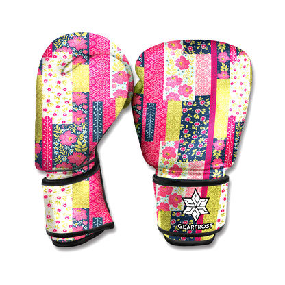 Pink Flower Patchwork Pattern Print Boxing Gloves