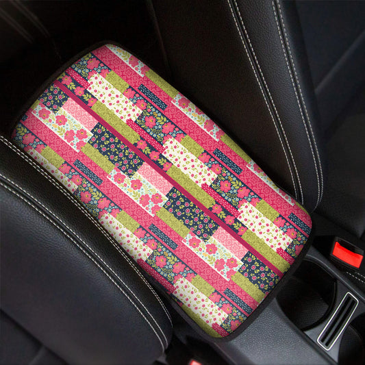 Pink Flower Patchwork Pattern Print Car Center Console Cover