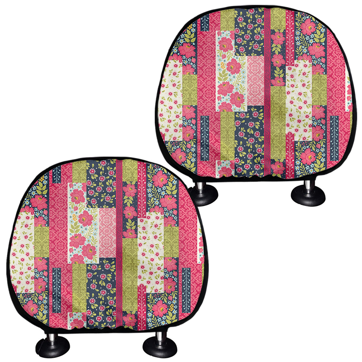 Pink Flower Patchwork Pattern Print Car Headrest Covers