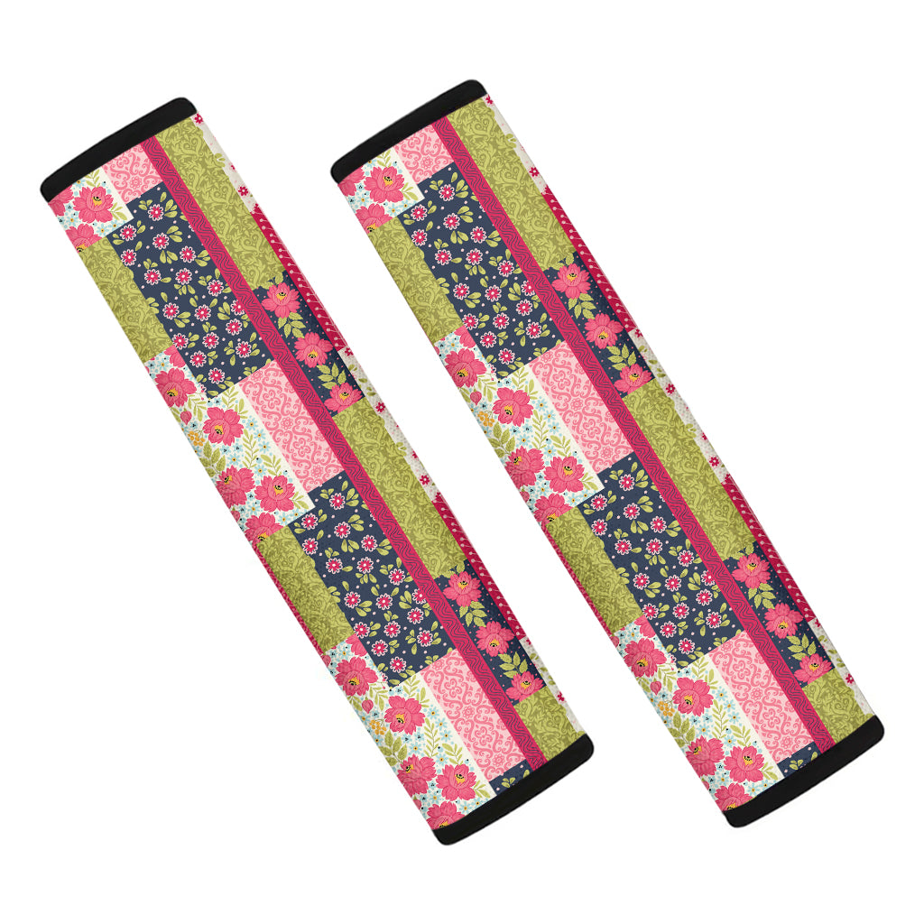 Pink Flower Patchwork Pattern Print Car Seat Belt Covers