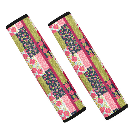 Pink Flower Patchwork Pattern Print Car Seat Belt Covers