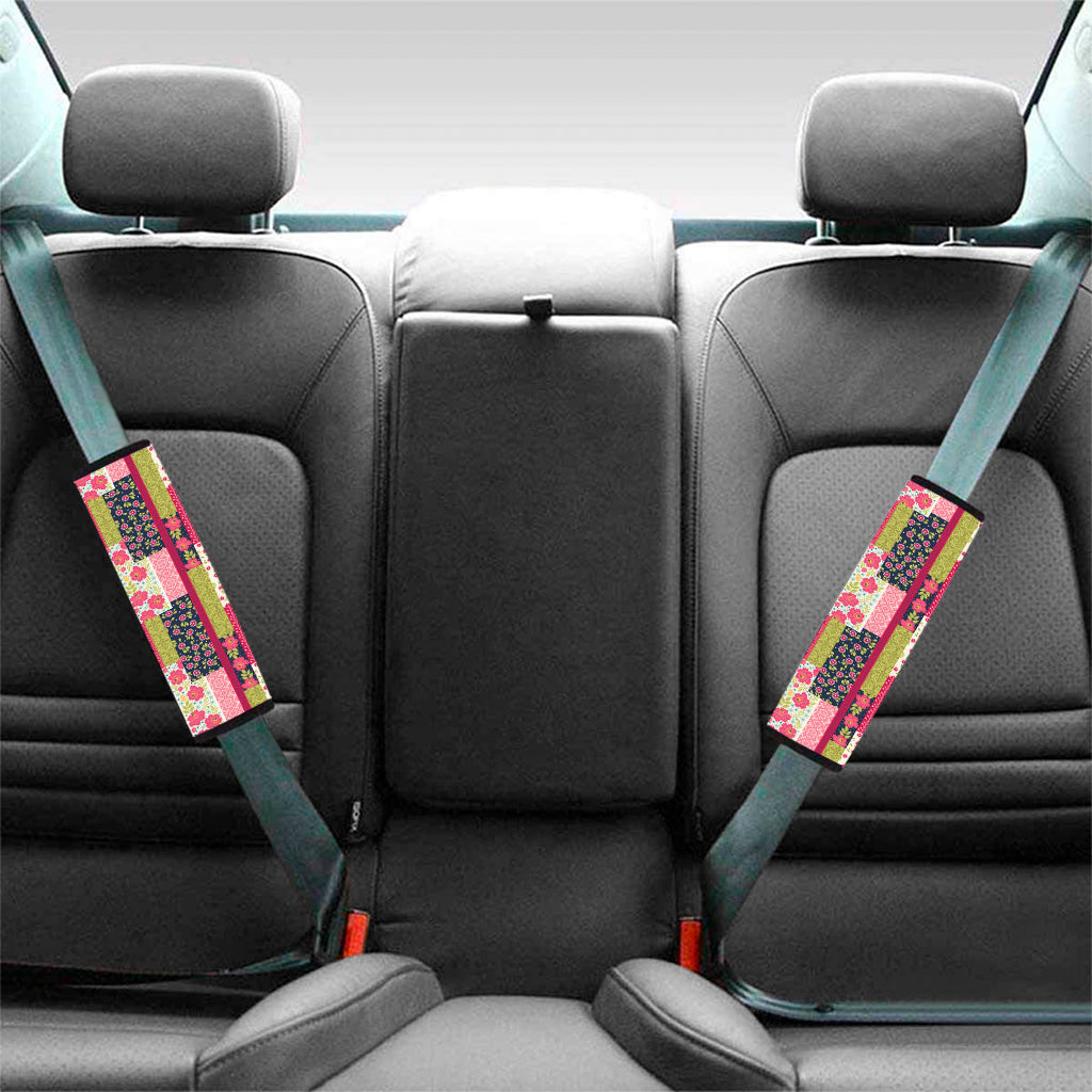 Pink Flower Patchwork Pattern Print Car Seat Belt Covers