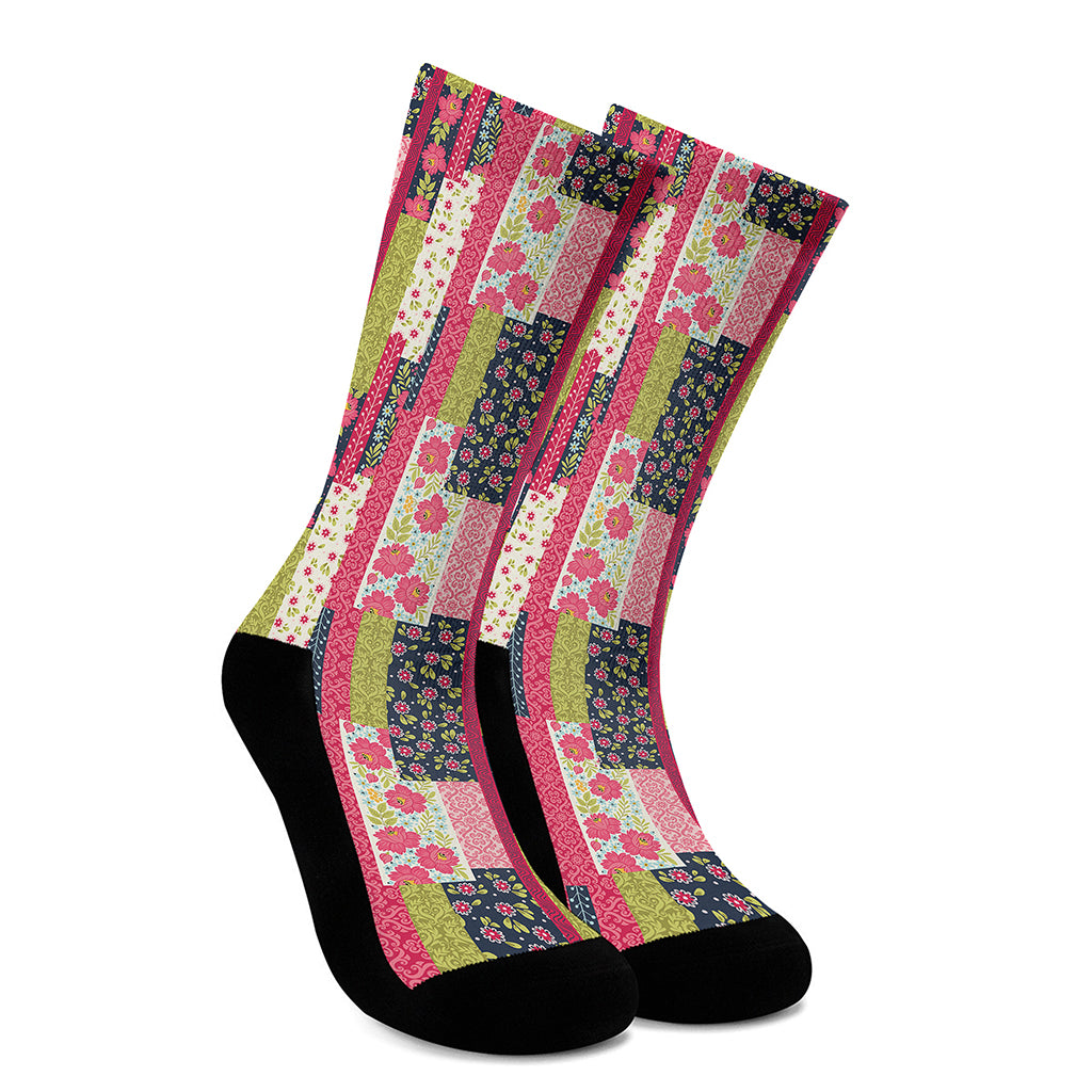 Pink Flower Patchwork Pattern Print Crew Socks